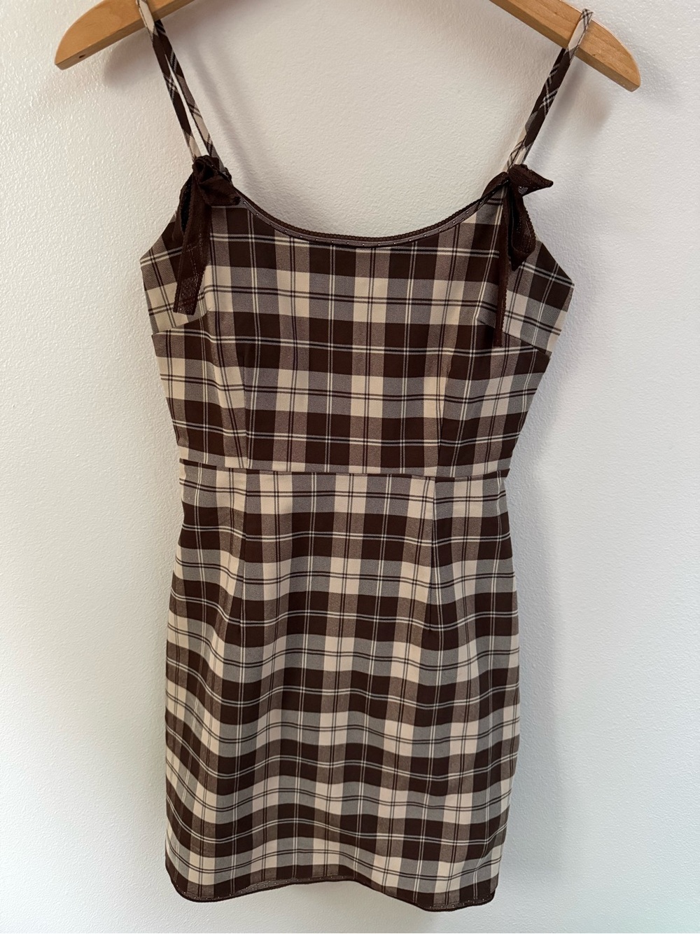 Kendall & Kylie Brown and Cream Plaid Tie Strap Mini Dress